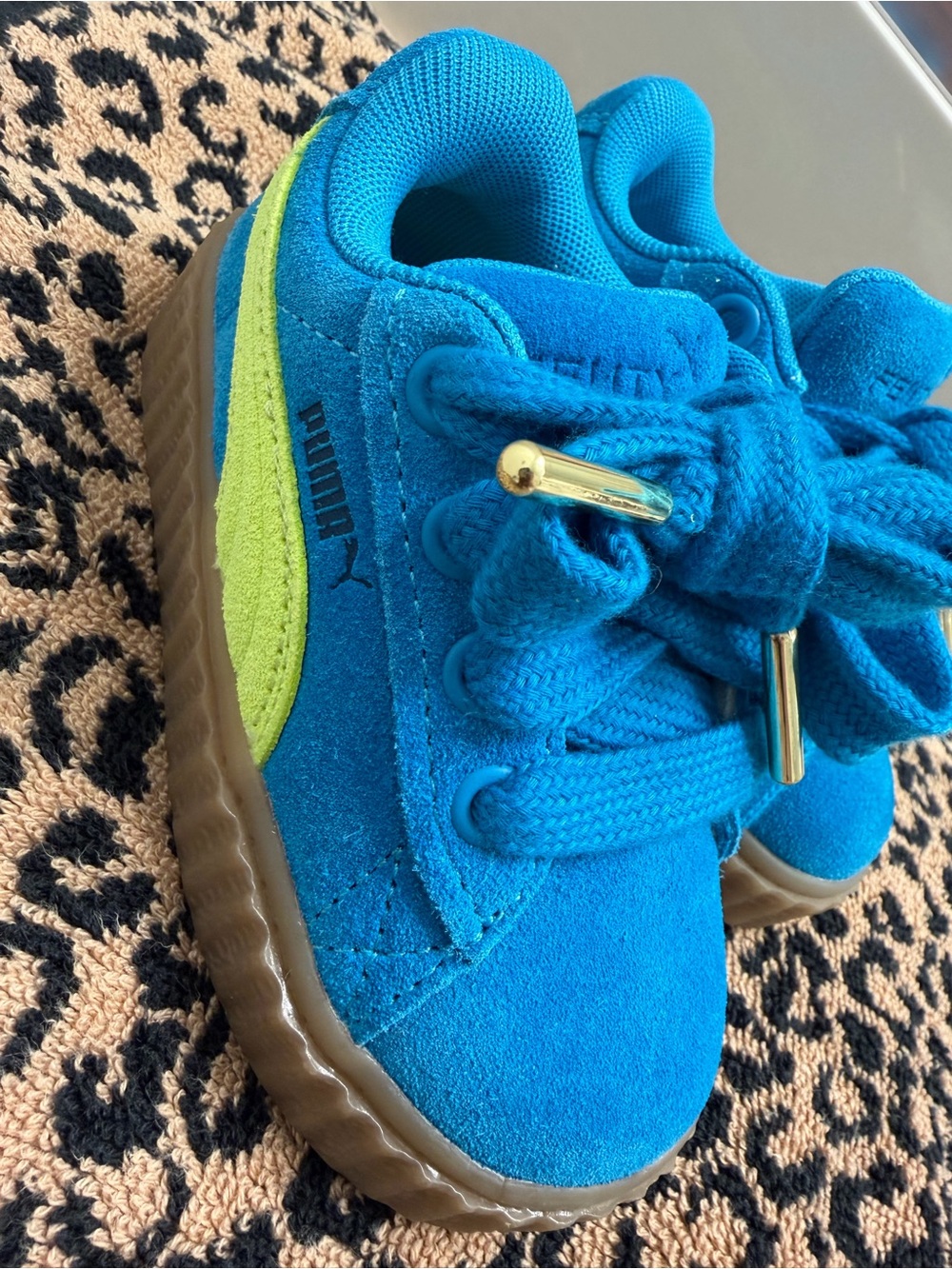 Puma Fenty little Kids' Teal Suede Sneakers with Lime Accent
